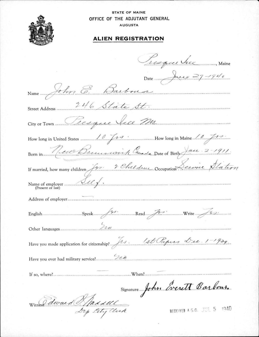 Miniature of Alien Registration- Barbour, John E. (Presque Isle, Aroostook County)