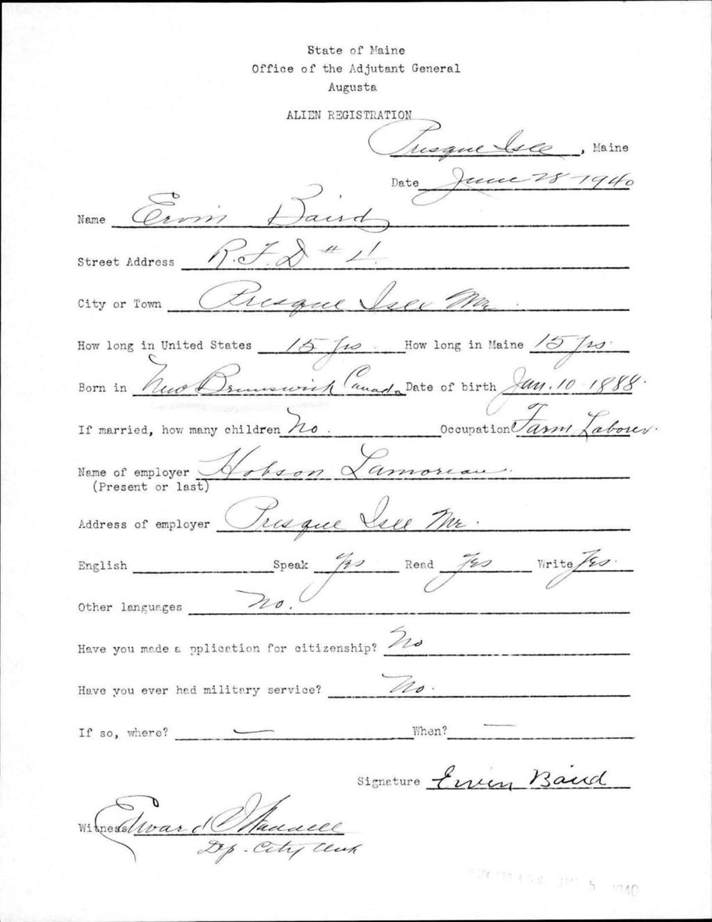 Miniature of Alien Registration- Baird, Ervin (Presque Isle, Aroostook County)