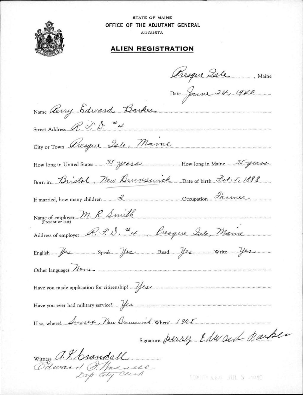 Miniature of Alien Registration- Barker, Perry E. (Presque Isle, Aroostook County)