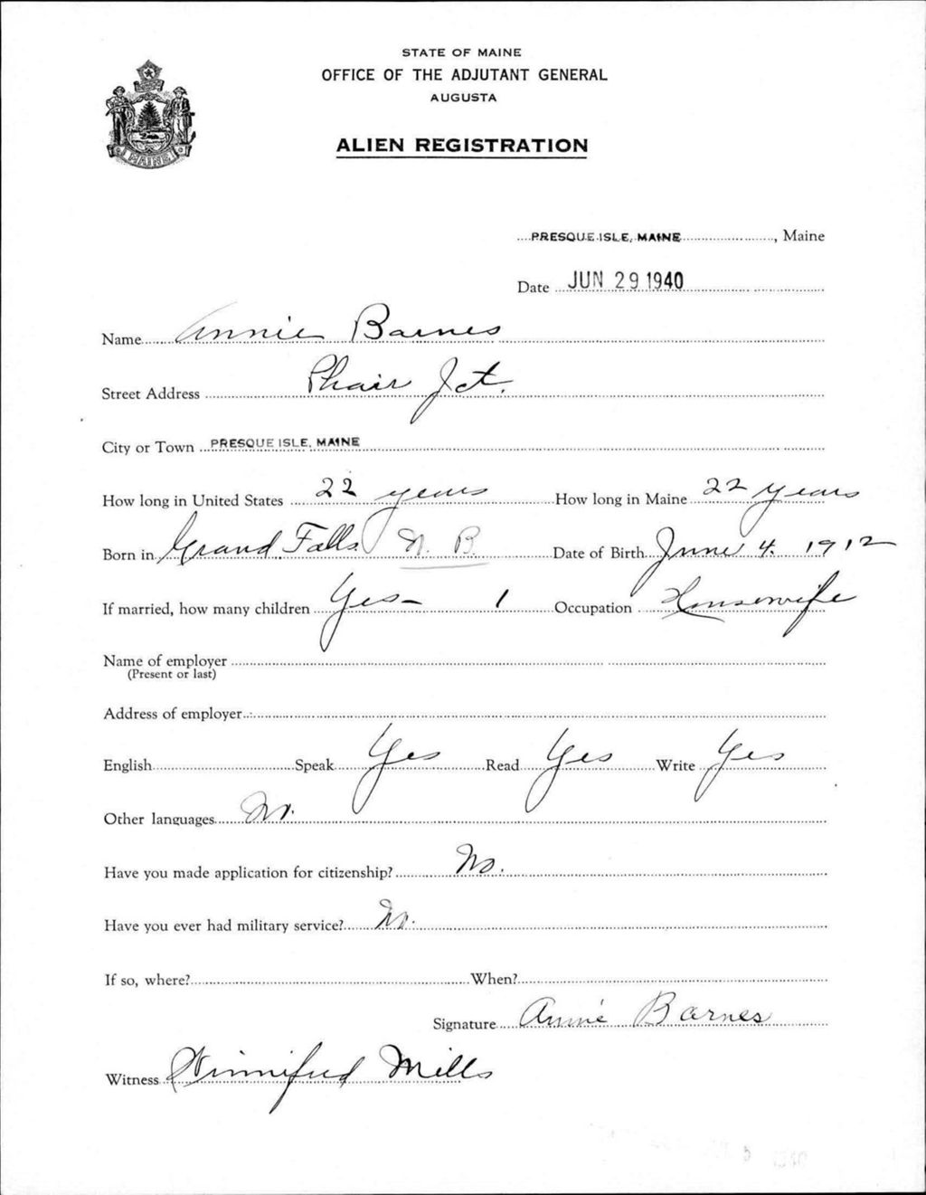 Miniature of Alien Registration- Barnes, Annie (Presque Isle, Aroostook County)