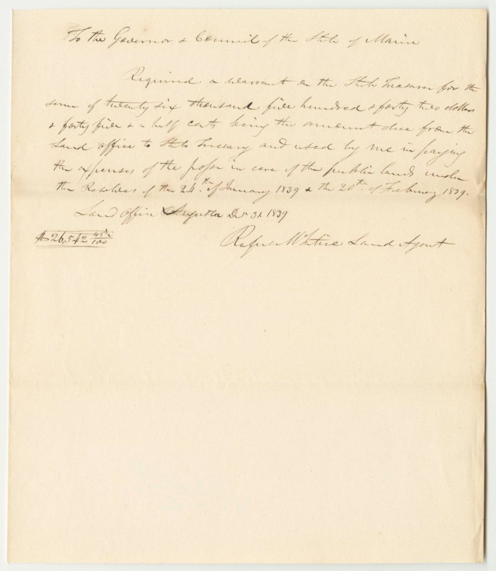 Miniature of Rufus McIntire's Request for a Warrant as Land Agent