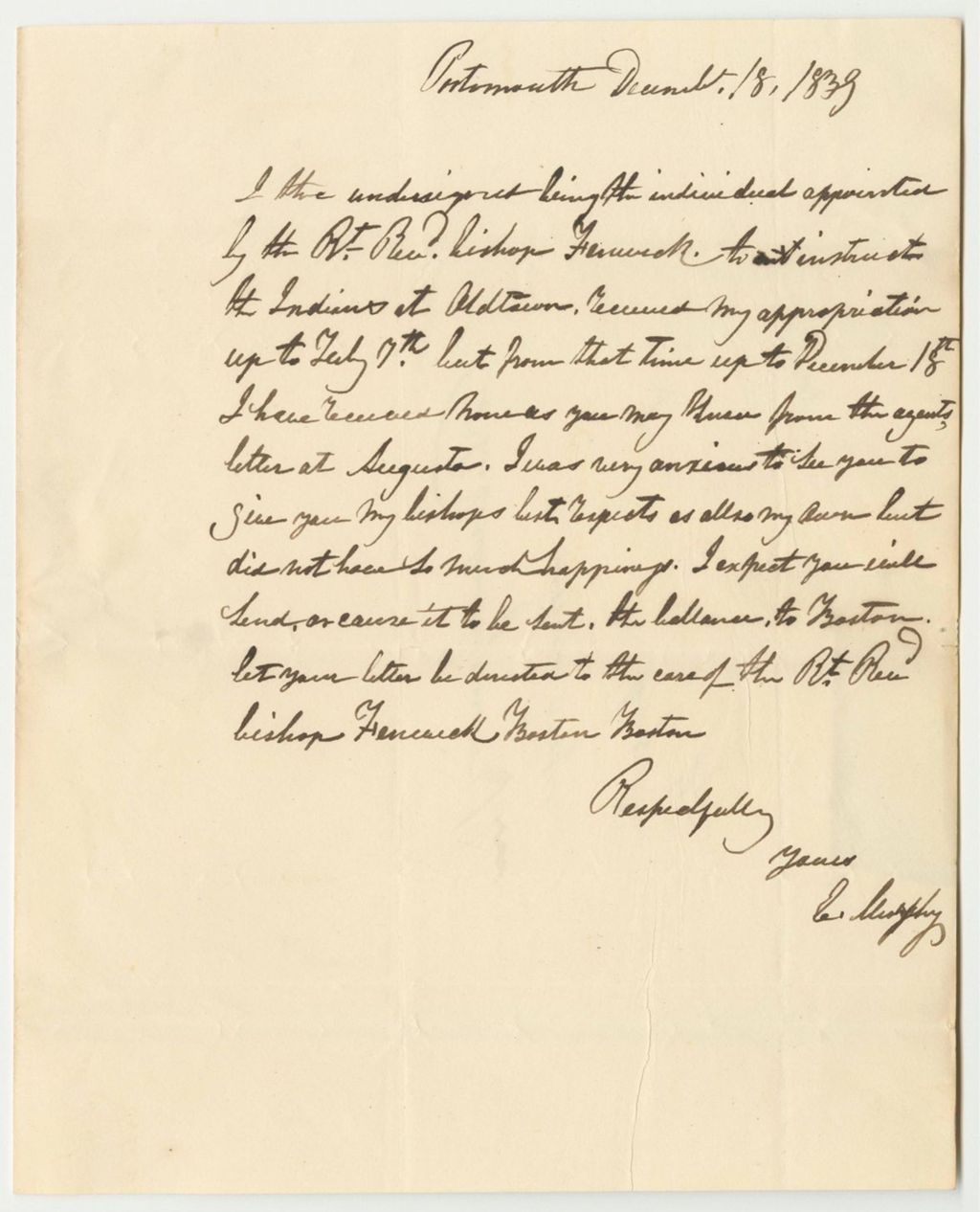 Miniature of Letter from Reverend E. Murphy, Instructor for the Penobscot Indians