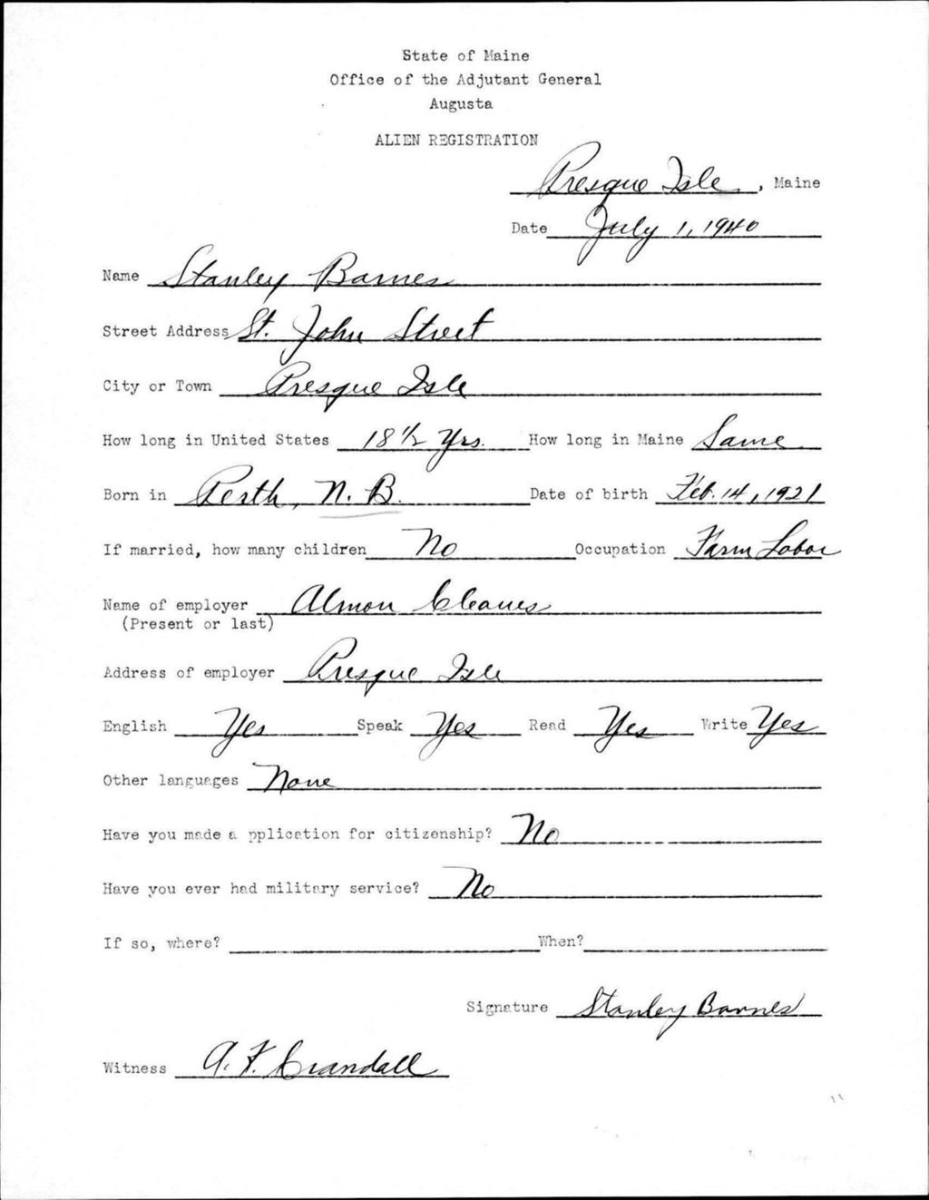 Miniature of Alien Registration- Barnes, Stanley (Presque Isle, Aroostook County)