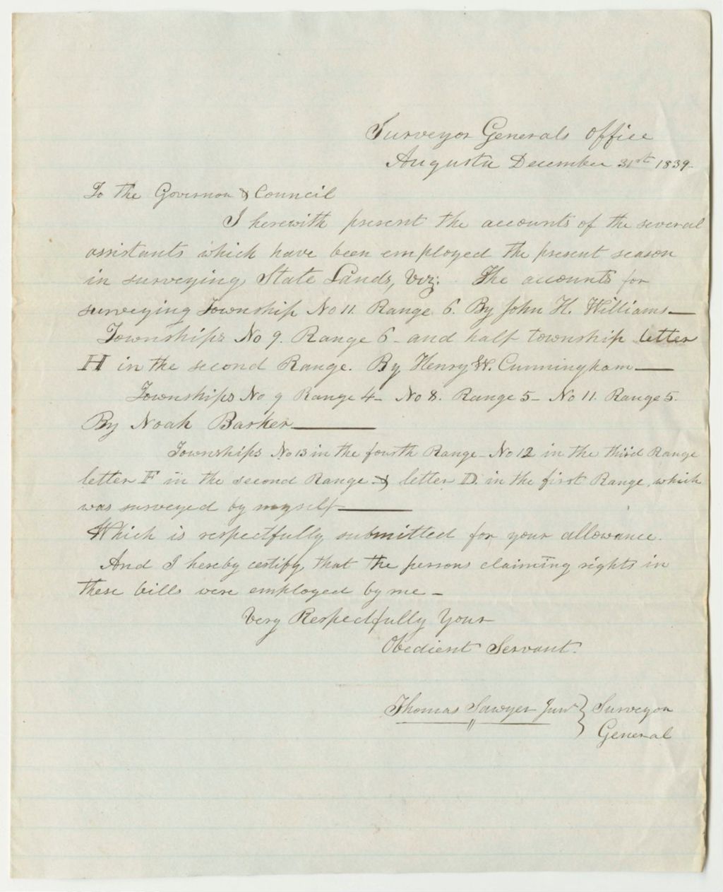 Miniature of Communication from Thomas Sawyer, Surveyor General, Presenting His Accounts for Surveying State Lands