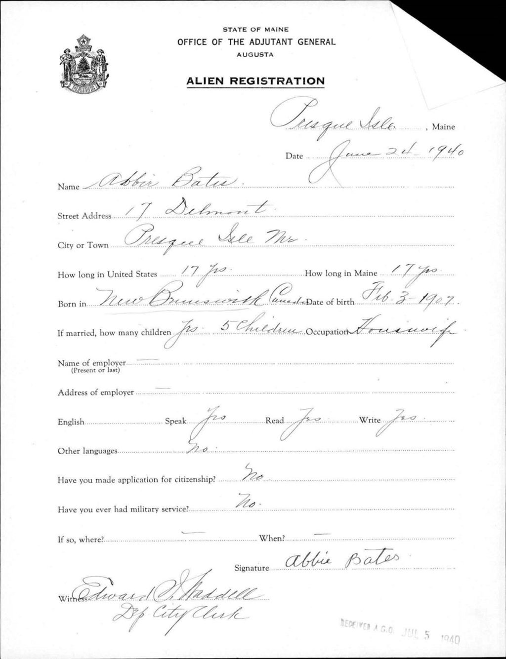 Miniature of Alien Registration- Bates, Abbie (Presque Isle, Aroostook County)