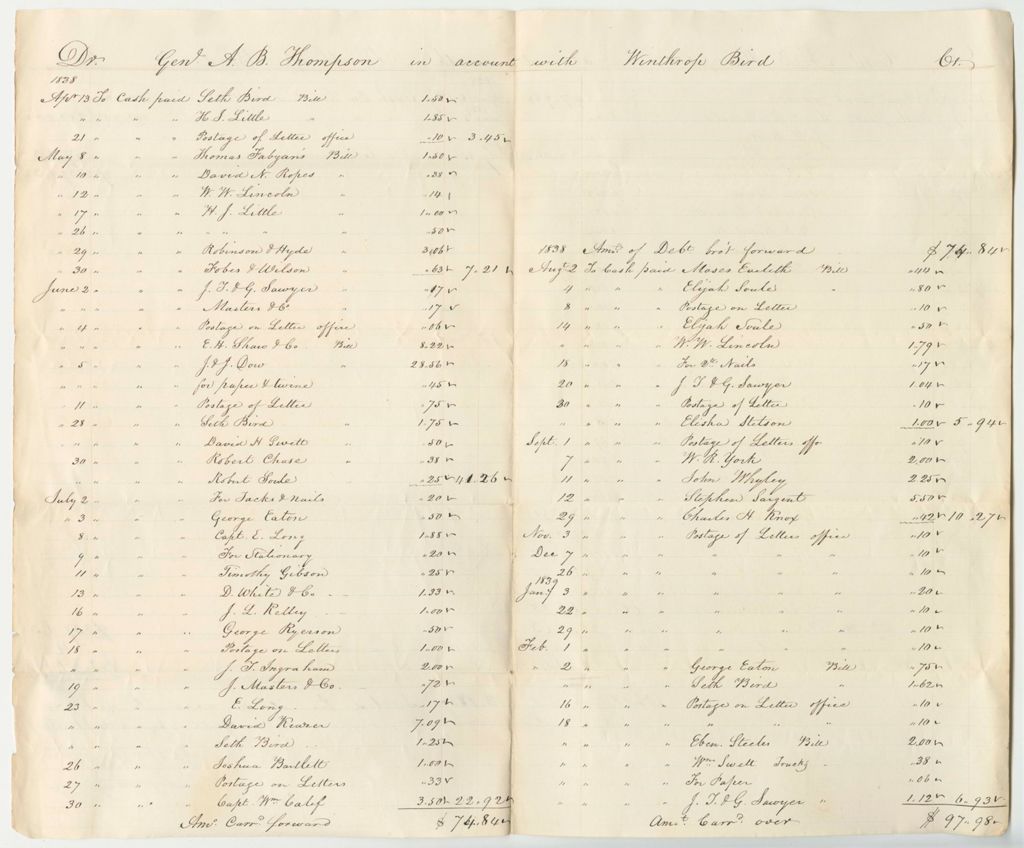 Miniature of Account of A.B. Thompson, Adjutant General, with Winthrop Bird