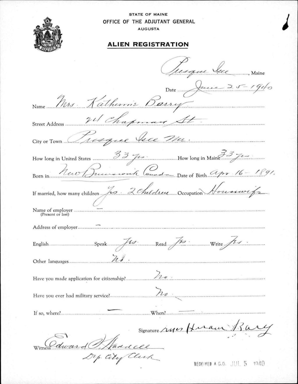 Miniature of Alien Registration- Barry, Katherine (Presque Isle, Aroostook County)