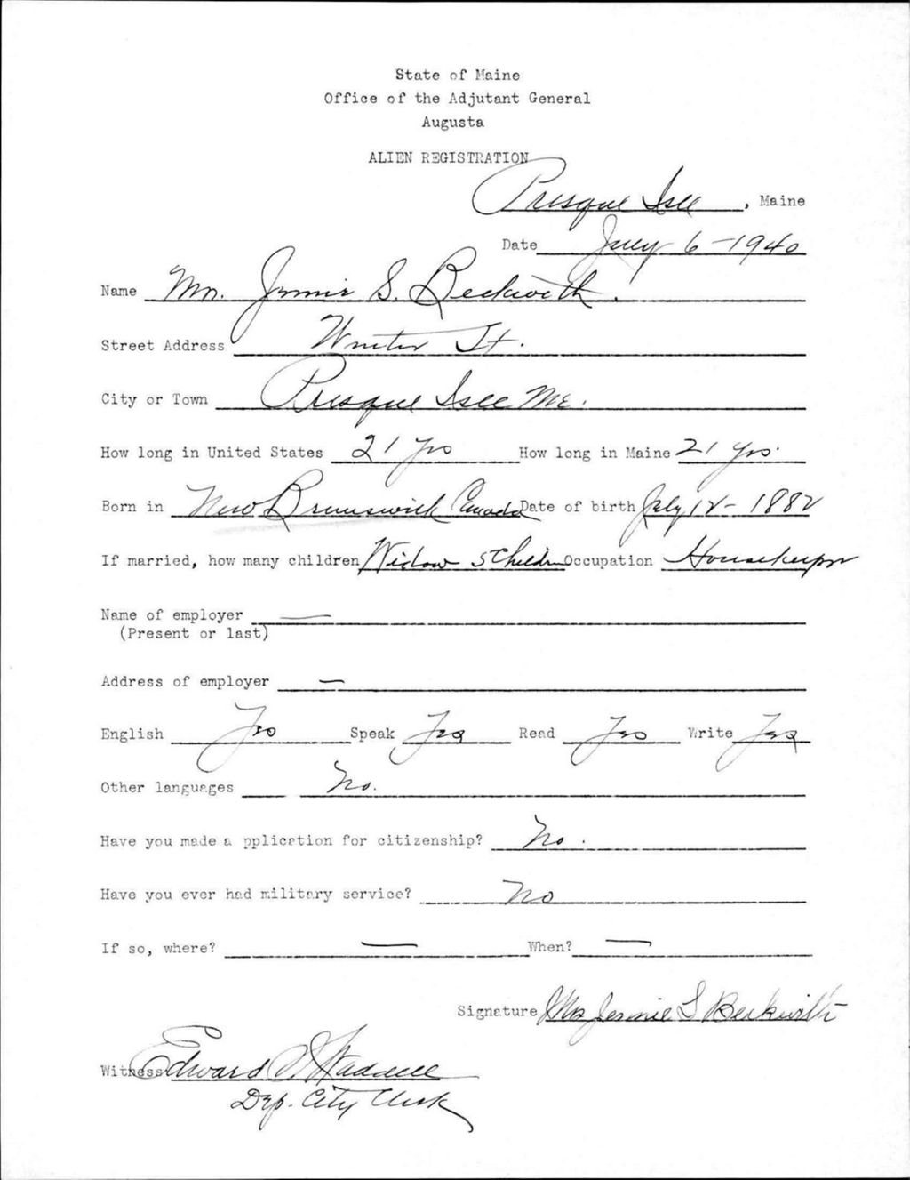 Miniature of Alien Registration- Beckwith, Jermie S. (Presque Isle, Aroostook County)