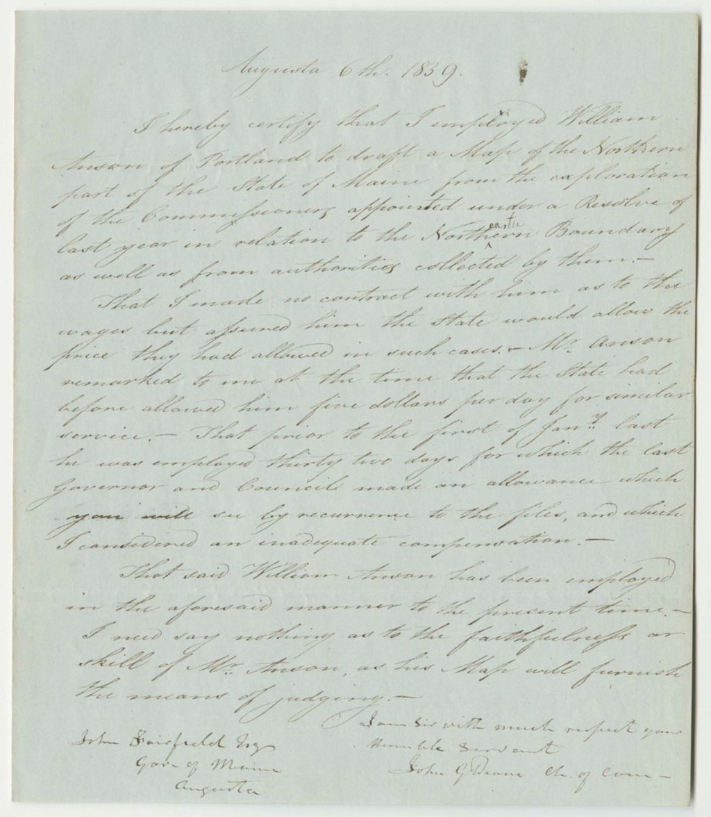 Miniature of Letter from John G. Deane, Relating to William Anson's Compensation for Drafting a Map of the Northern Boundary of Maine
