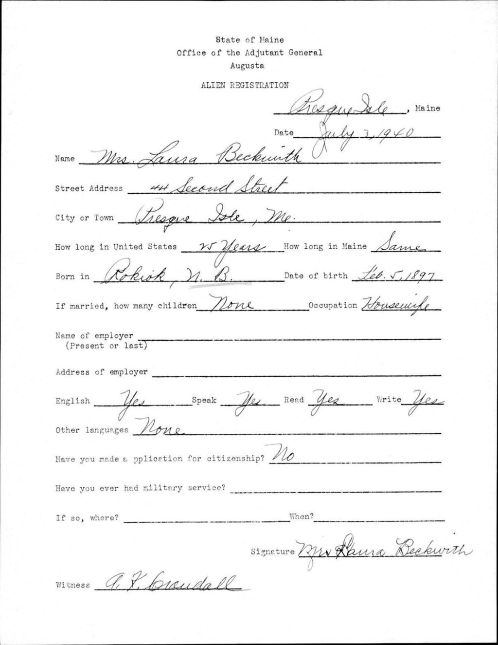 Miniature of Alien Registration- Beckwith, Laura (Presque Isle, Aroostook County)