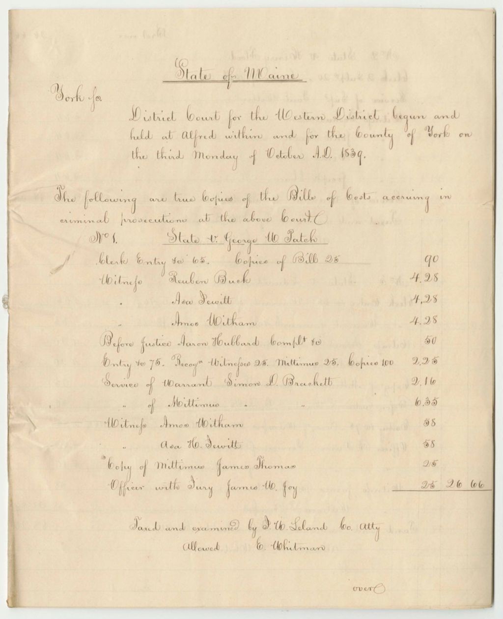 Miniature of Bills of Costs at the District Court for the Western District in York County, October Term 1839
