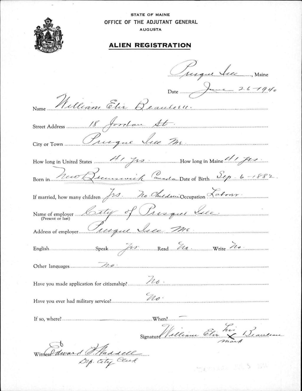 Miniature of Alien Registration- Beaulieu, William E. (Presque Isle, Aroostook County)