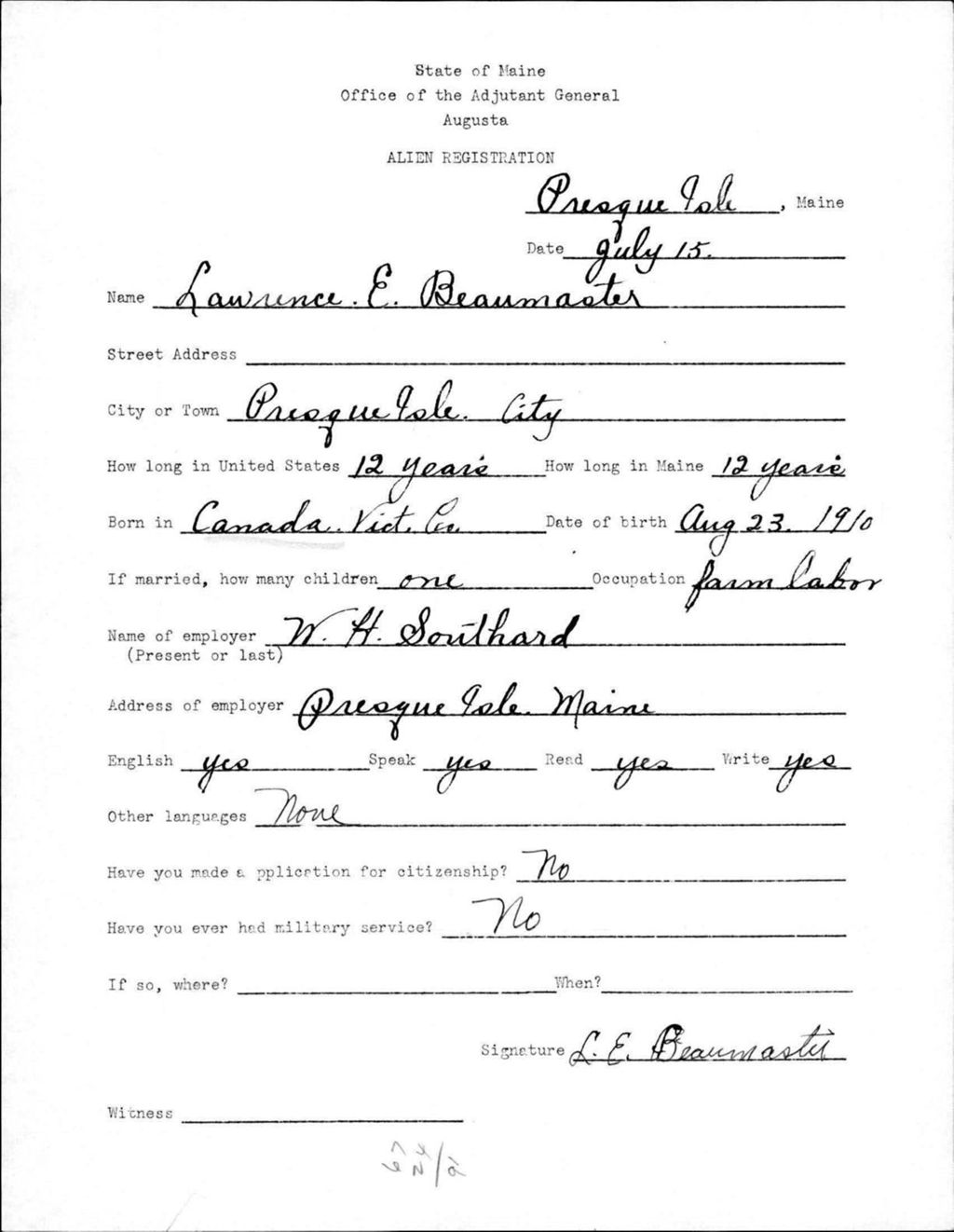 Miniature of Alien Registration- Beaumaster, Lawrence E. (Presque Isle, Aroostook County)