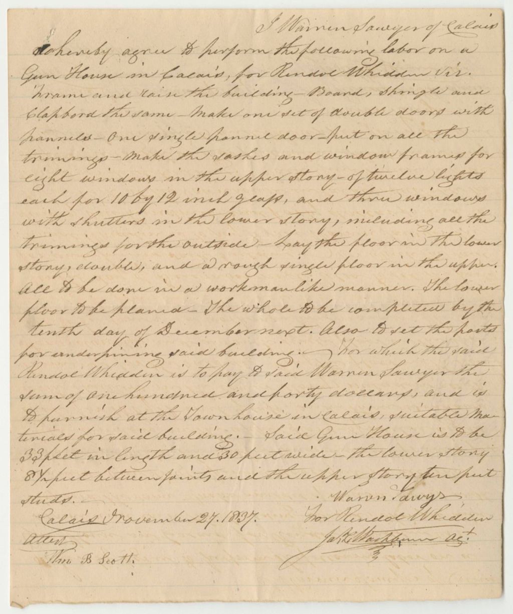Miniature of Warren Sawyer's Contract for Work on the Calais Gunhouse