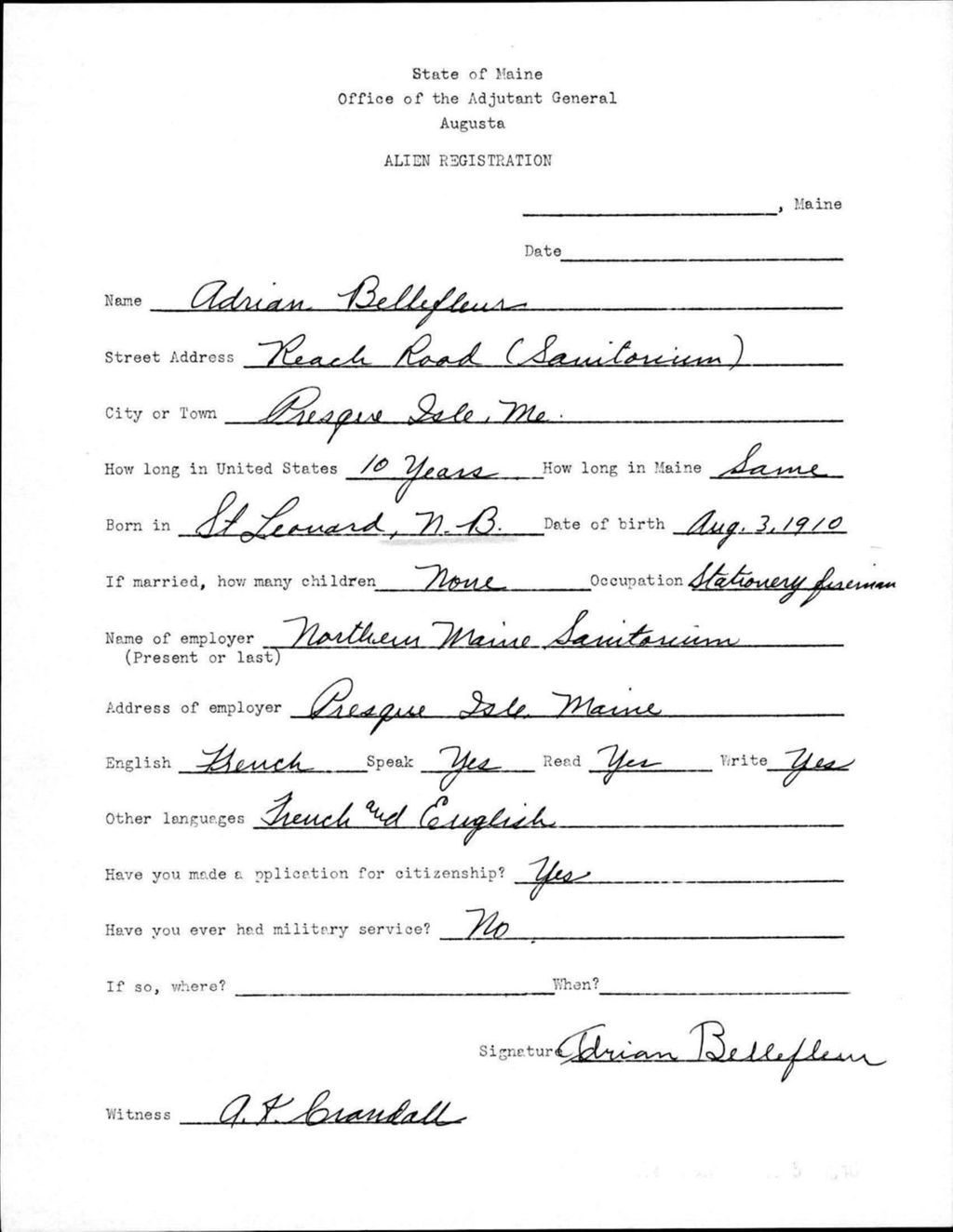 Miniature of Alien Registration- Bellefleur, Adrian (Presque Isle, Aroostook County)