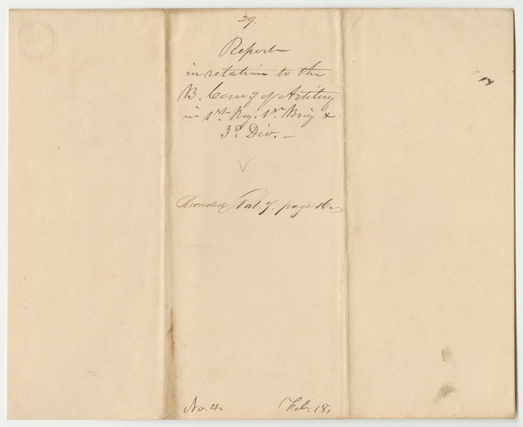 Miniature of Report 28: Report in Relation to the "B" Company of Artillery in the 1st Regiment, 1st Brigade, 3rd Division