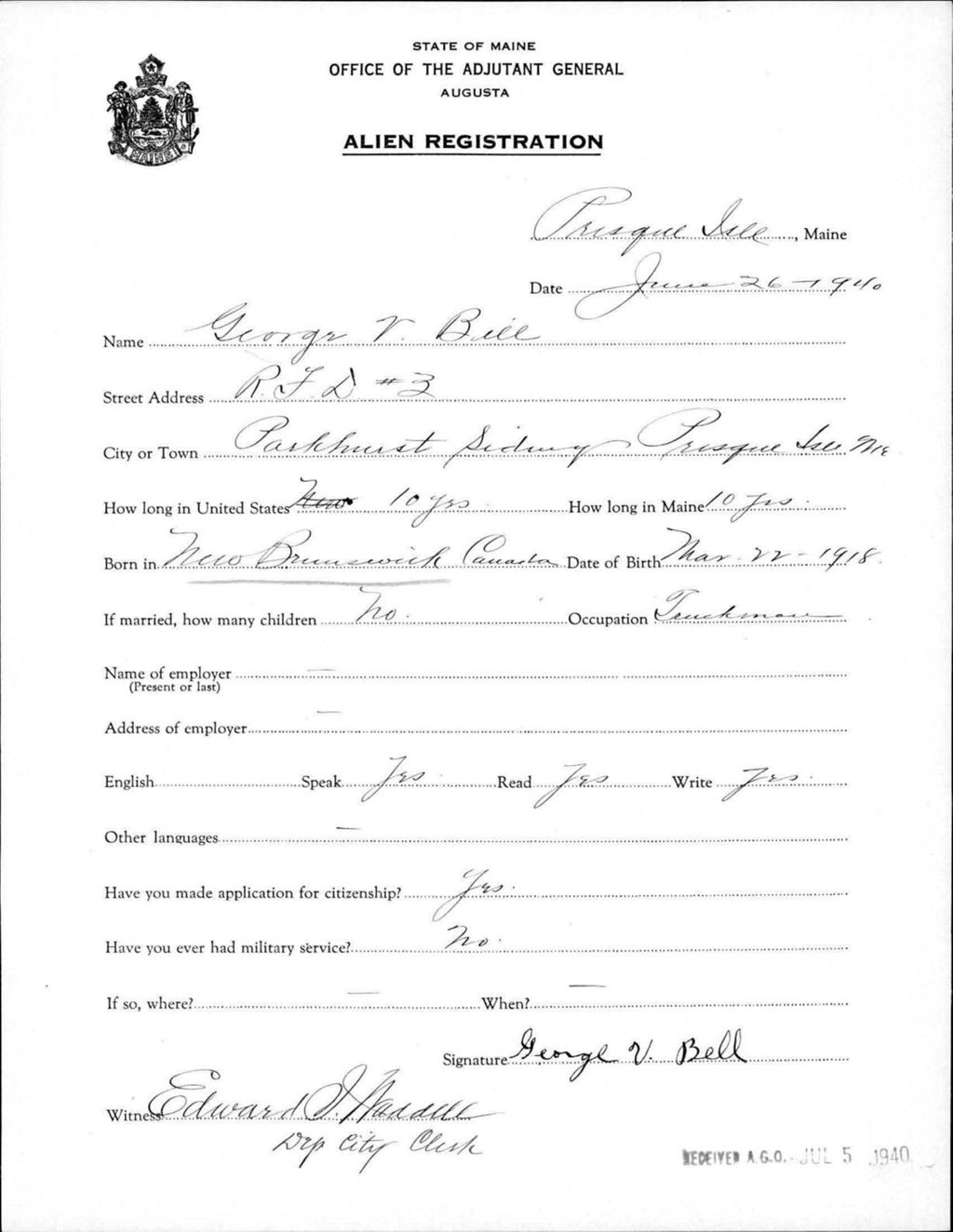 Miniature of Alien Registration- Bell, George V. (Presque Isle, Aroostook County)