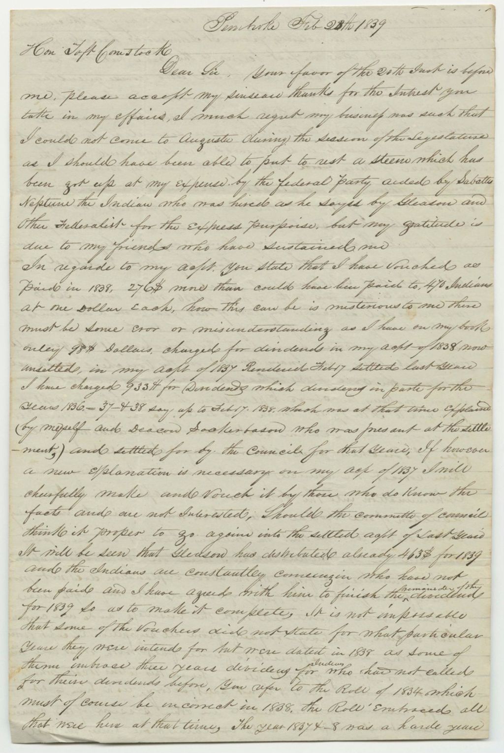 Miniature of Letter from Jonas Farnsworth, Agent of the Passamaquoddy Indians, Explaining His Account for the Yearn 1838