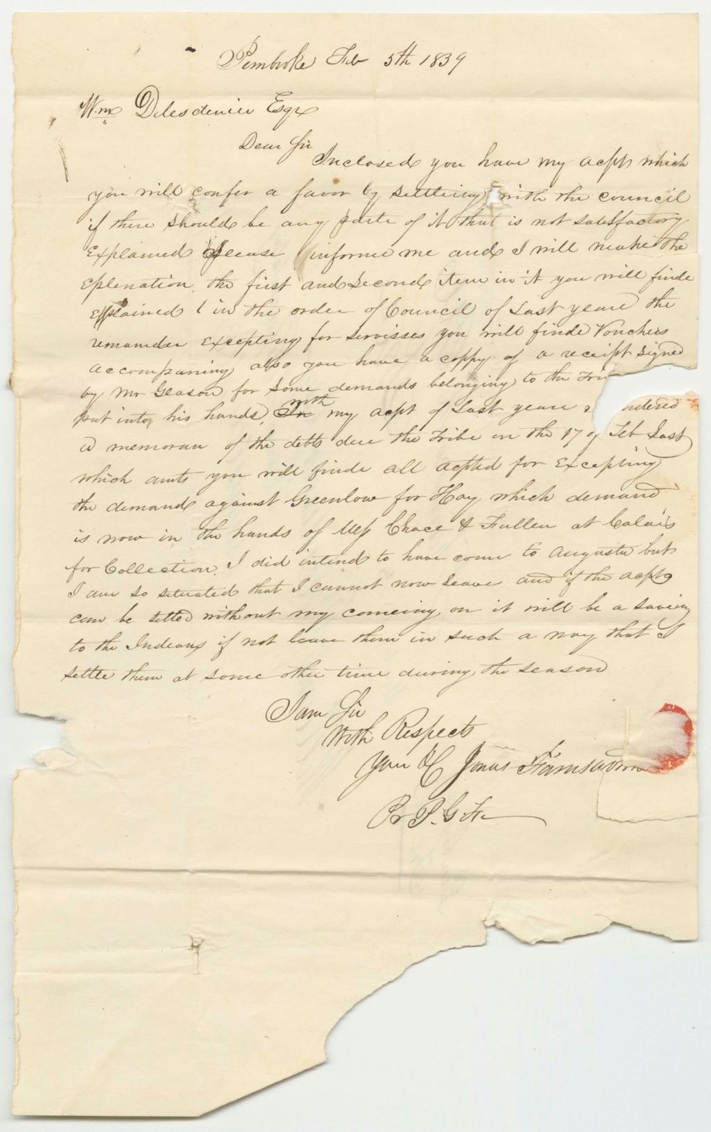 Miniature of Letter from Jonas Farnsworth, Agent of the Passamaquoddy Indians, Enclosing His Account for the Yearn 1838