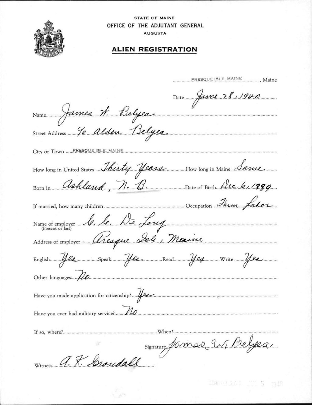 Miniature of Alien Registration- Belyea, James W. (Presque Isle, Aroostook County)