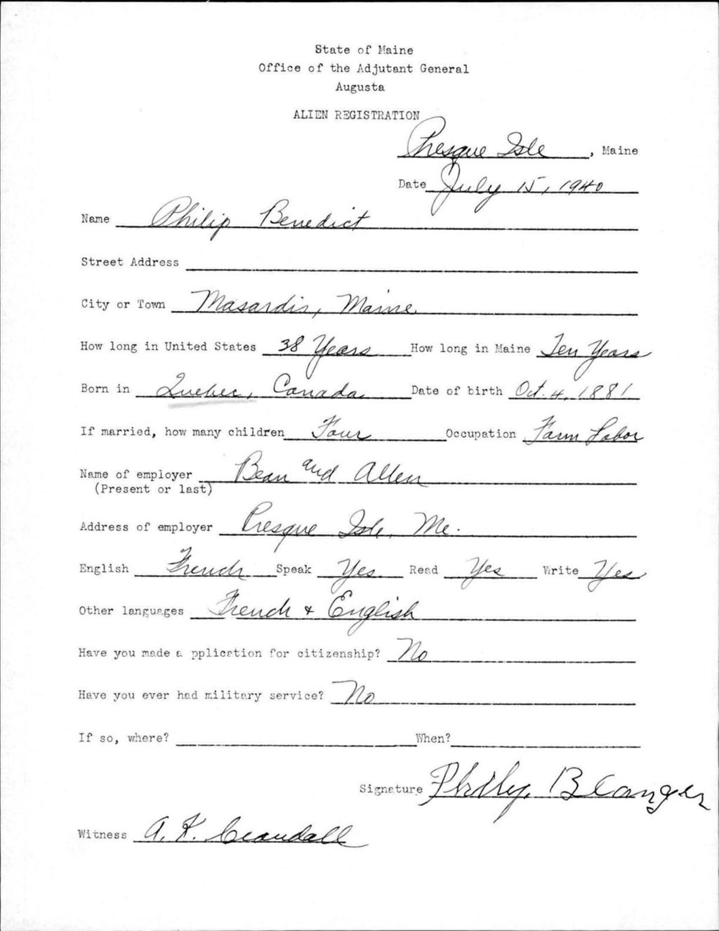 Miniature of Alien Registration- Benedict, Philip (Presque Isle, Aroostook County)