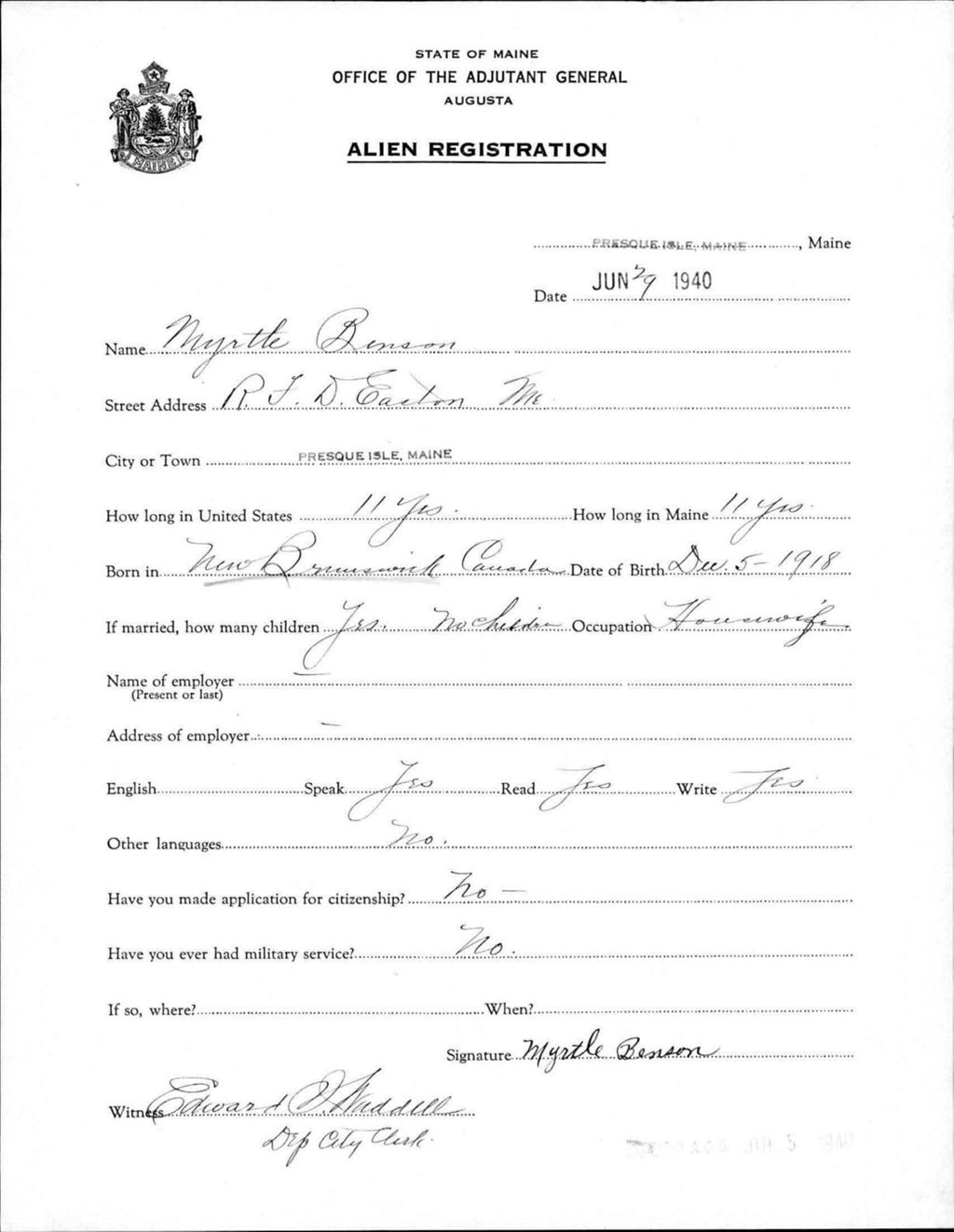 Miniature of Alien Registration- Benson, Myrtle (Presque Isle, Aroostook County)