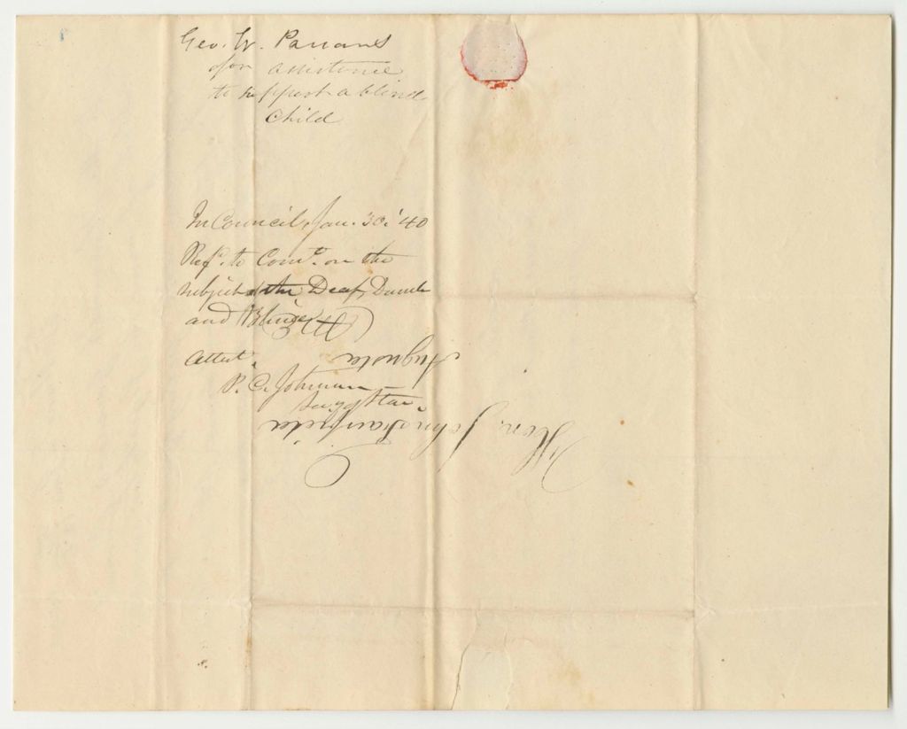 Miniature of Petition of George W. Parsons of Portland Regarding Assistance for His Blind Son