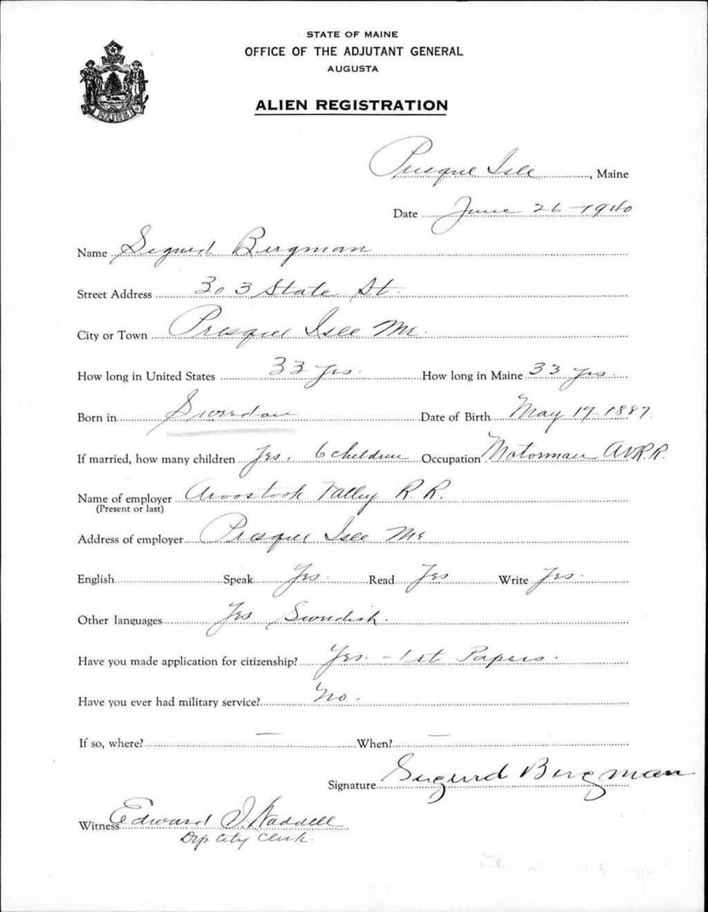 Miniature of Alien Registration- Bergman, Segmund (Presque Isle, Aroostook County)