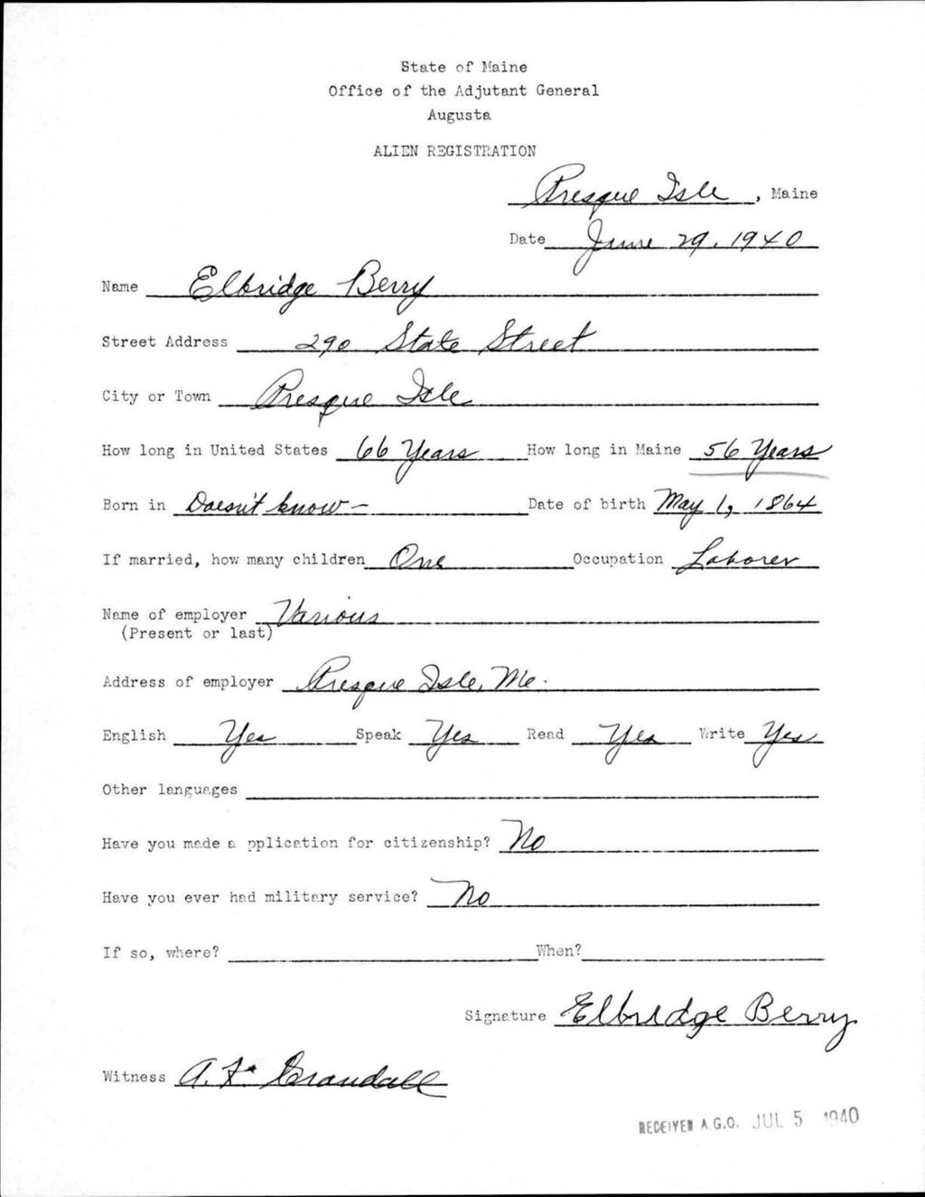 Miniature of Alien Registration- Berry, Elbridge (Presque Isle, Aroostook County)