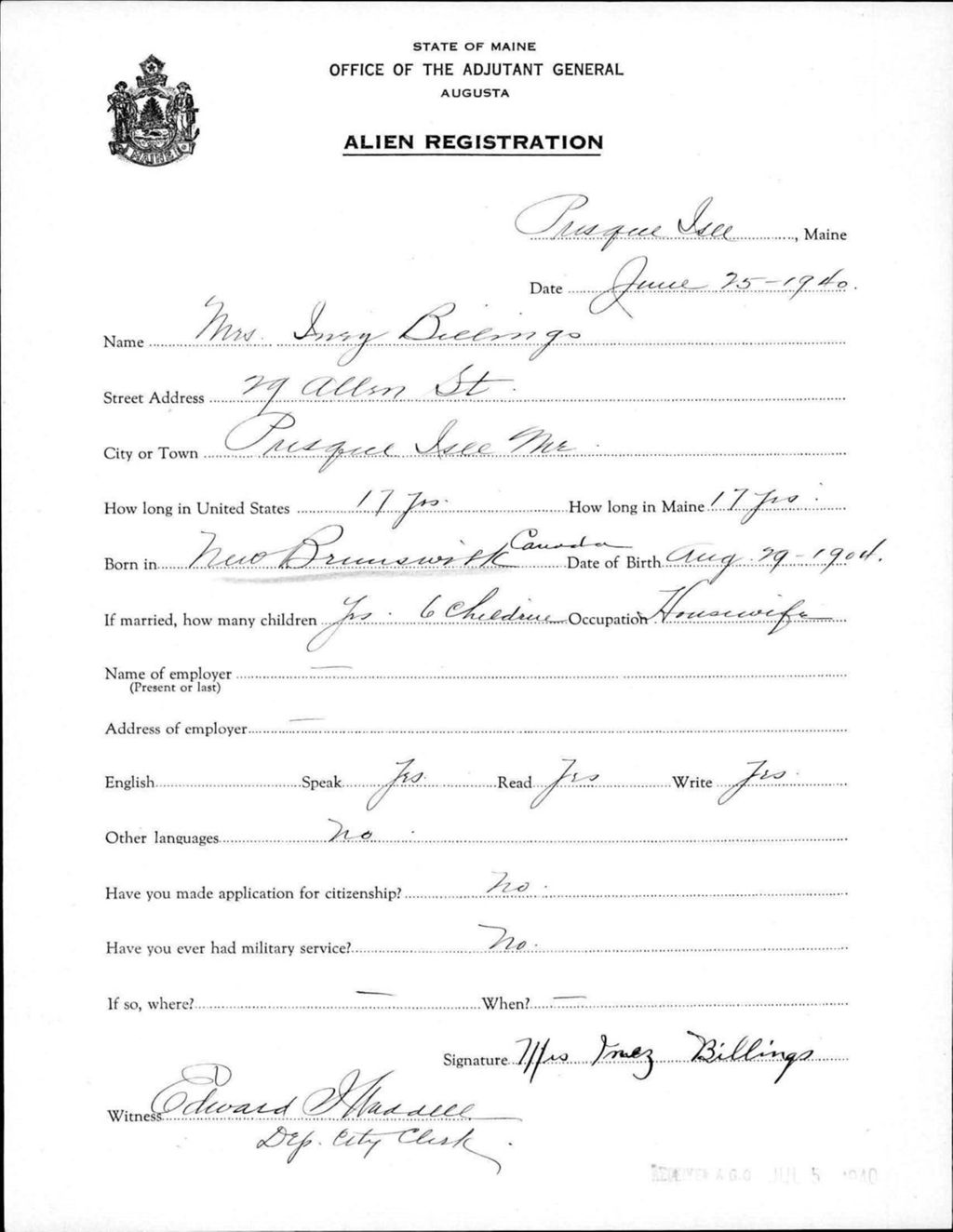 Miniature of Alien Registration- Billings, Inez (Presque Isle, Aroostook County)
