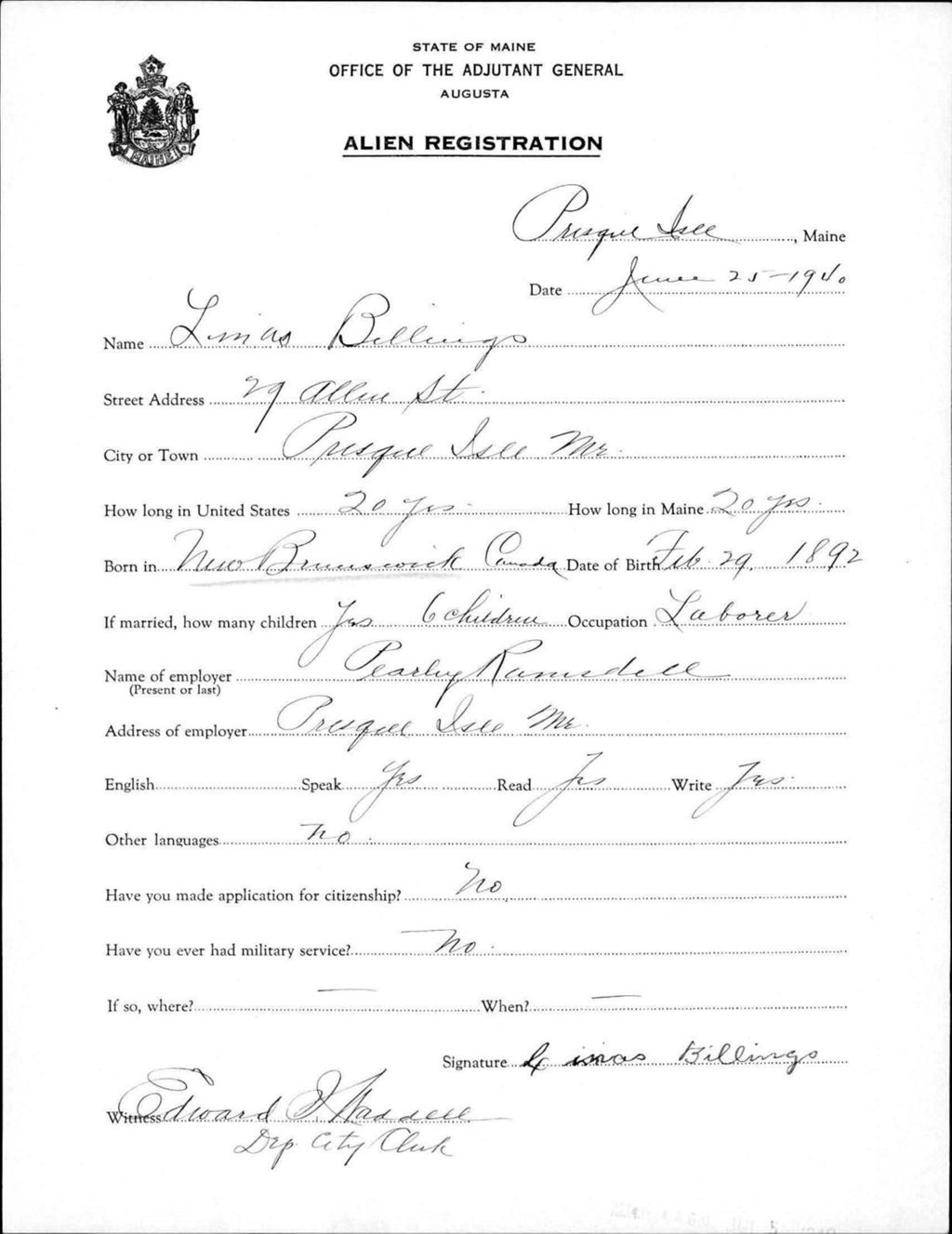 Miniature of Alien Registration- Billings, Linus (Presque Isle, Aroostook County)