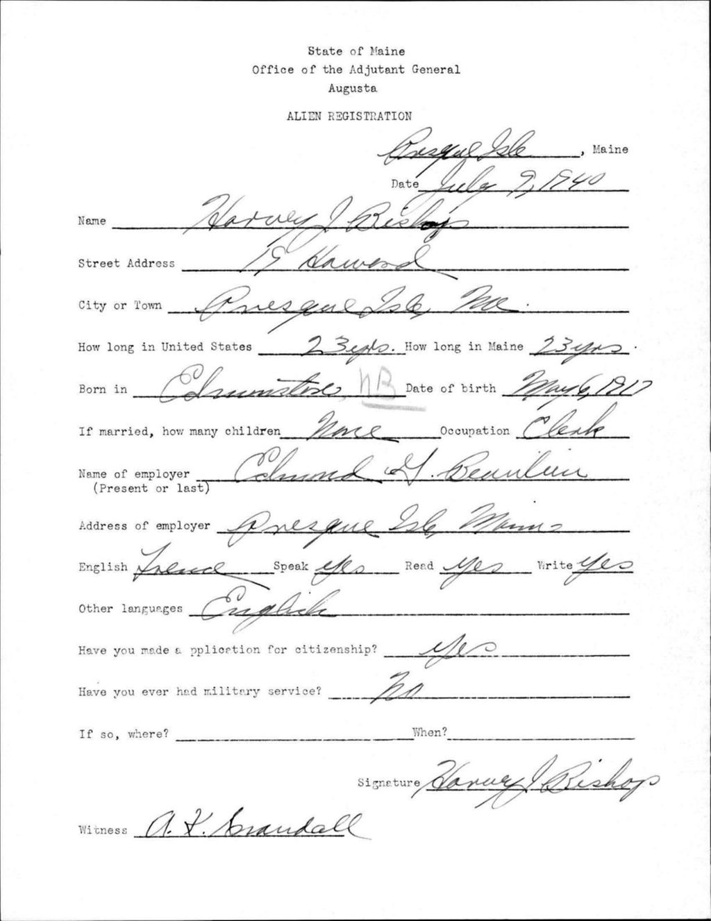 Miniature of Alien Registration- Bishop, Harvey J. (Presque Isle, Aroostook County)
