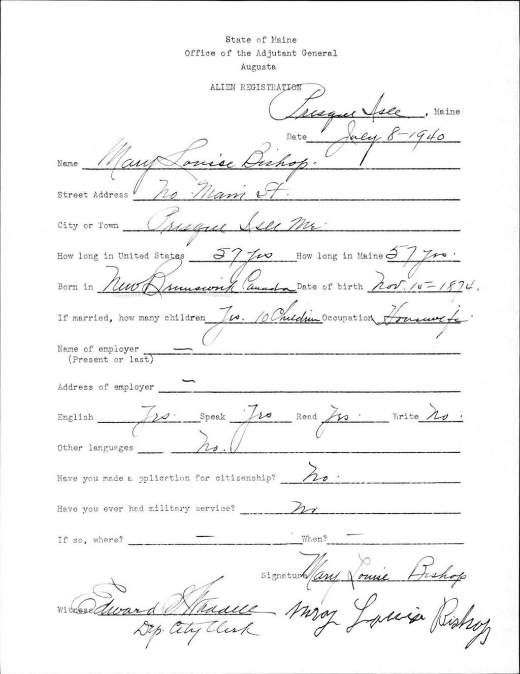Miniature of Alien Registration- Bishop, Mary L. (Presque Isle, Aroostook County)