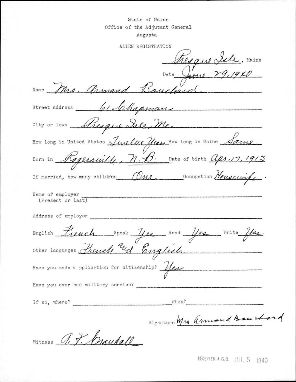 Miniature of Alien Registration- Bouchard, Armand (Presque Isle, Aroostook County)