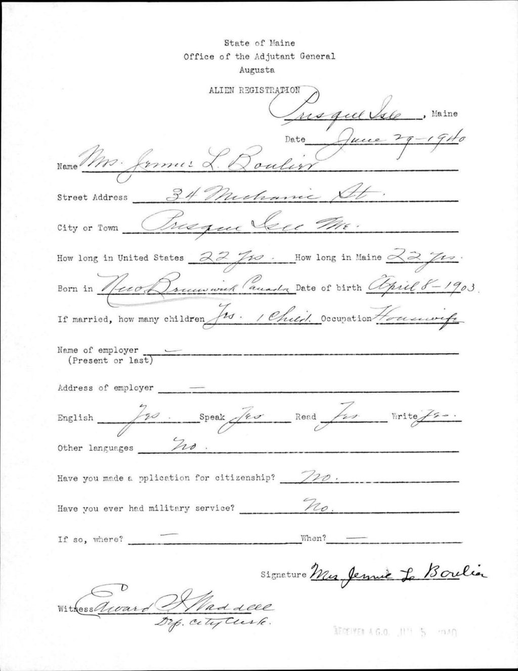 Miniature of Alien Registration- Boulier, Jennie L. (Presque Isle, Aroostook County)