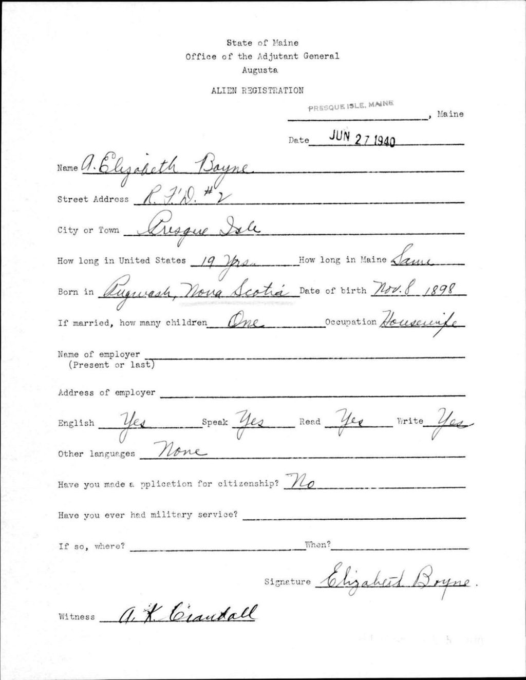 Miniature of Alien Registration- Boyne, A Elizabeth (Presque Isle, Aroostook County)