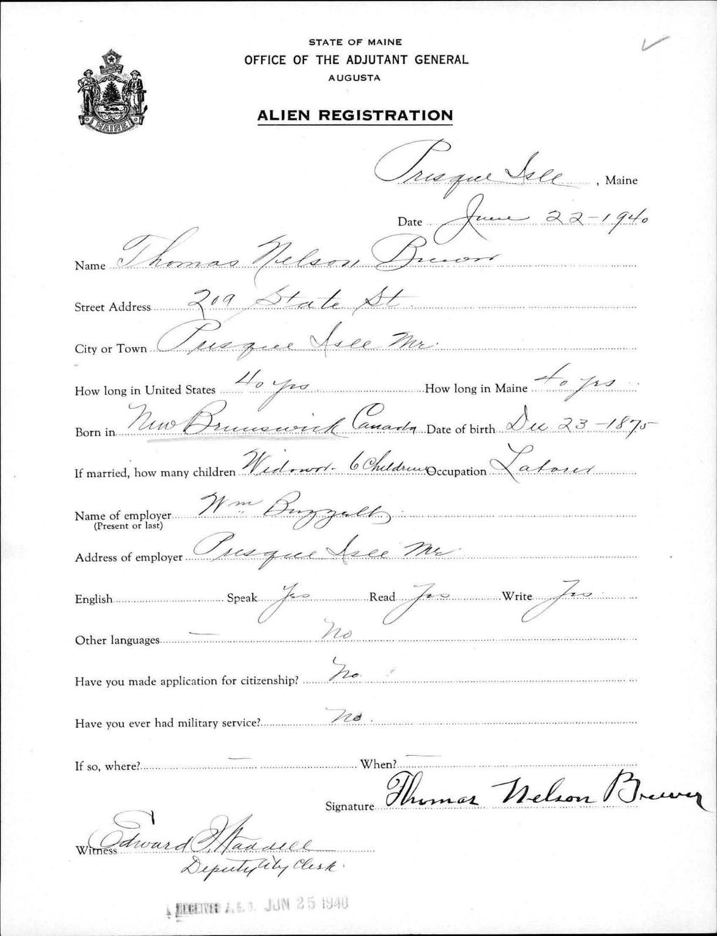 Miniature of Alien Registration- Brown, Thomas N. (Presque Isle, Aroostook County)