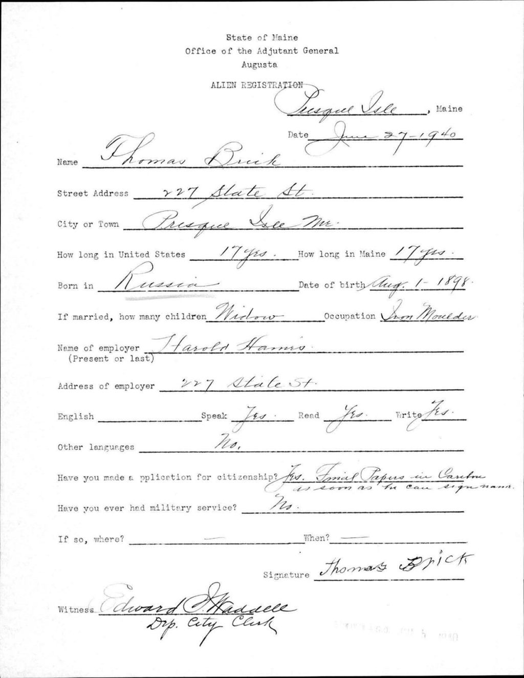 Miniature of Alien Registration- Buck, Thomas (Presque Isle, Aroostook County)