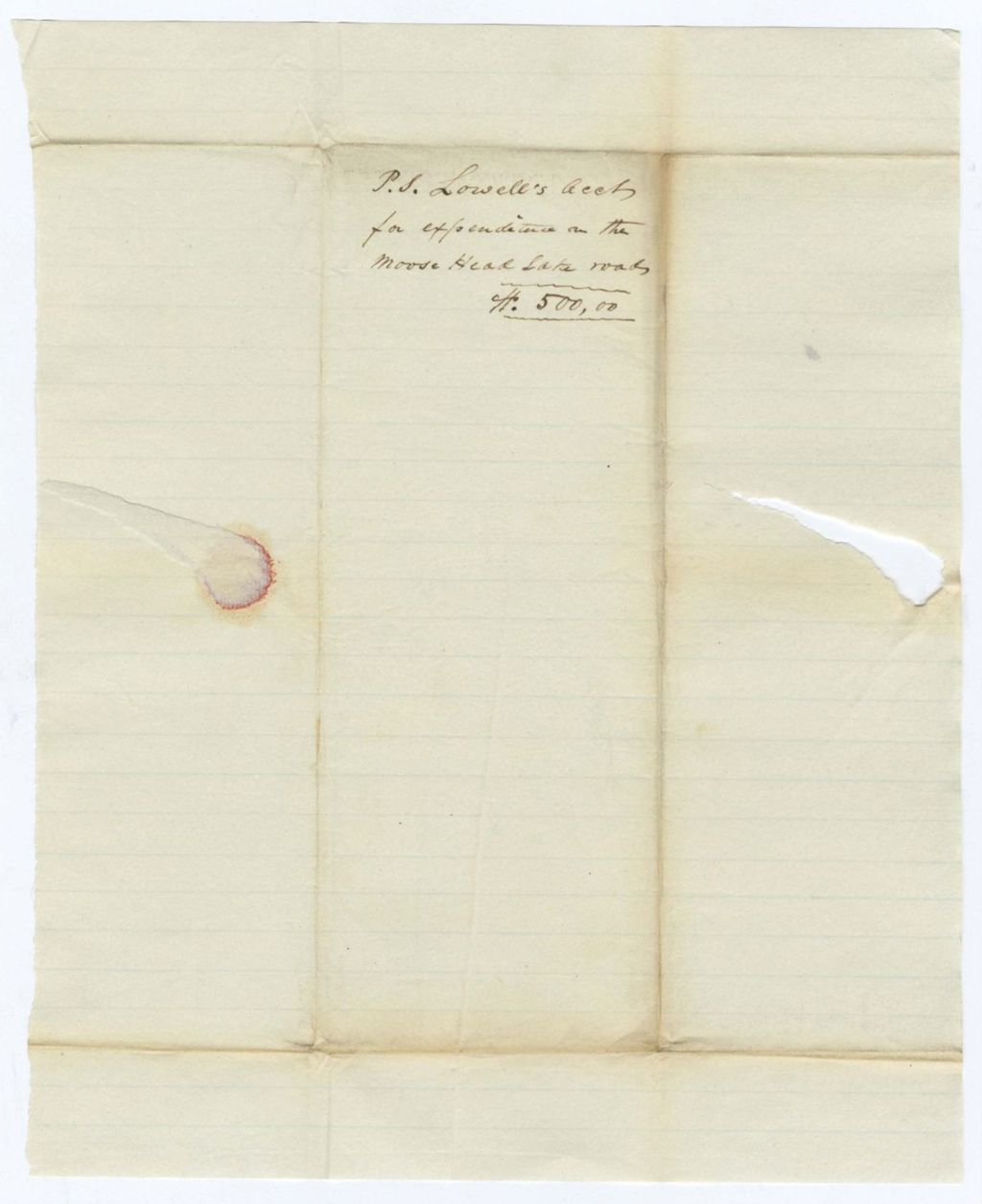 Miniature of P. S. Lowell's Account for expedition on the Moosehead Lake Road