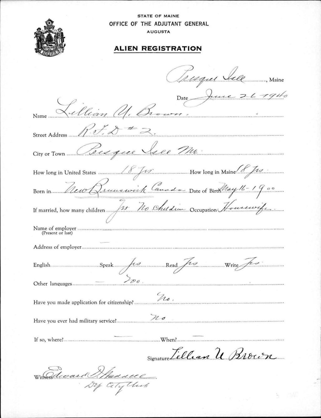 Miniature of Alien Registration- Brown, Lillian U. (Presque Isle, Aroostook County)
