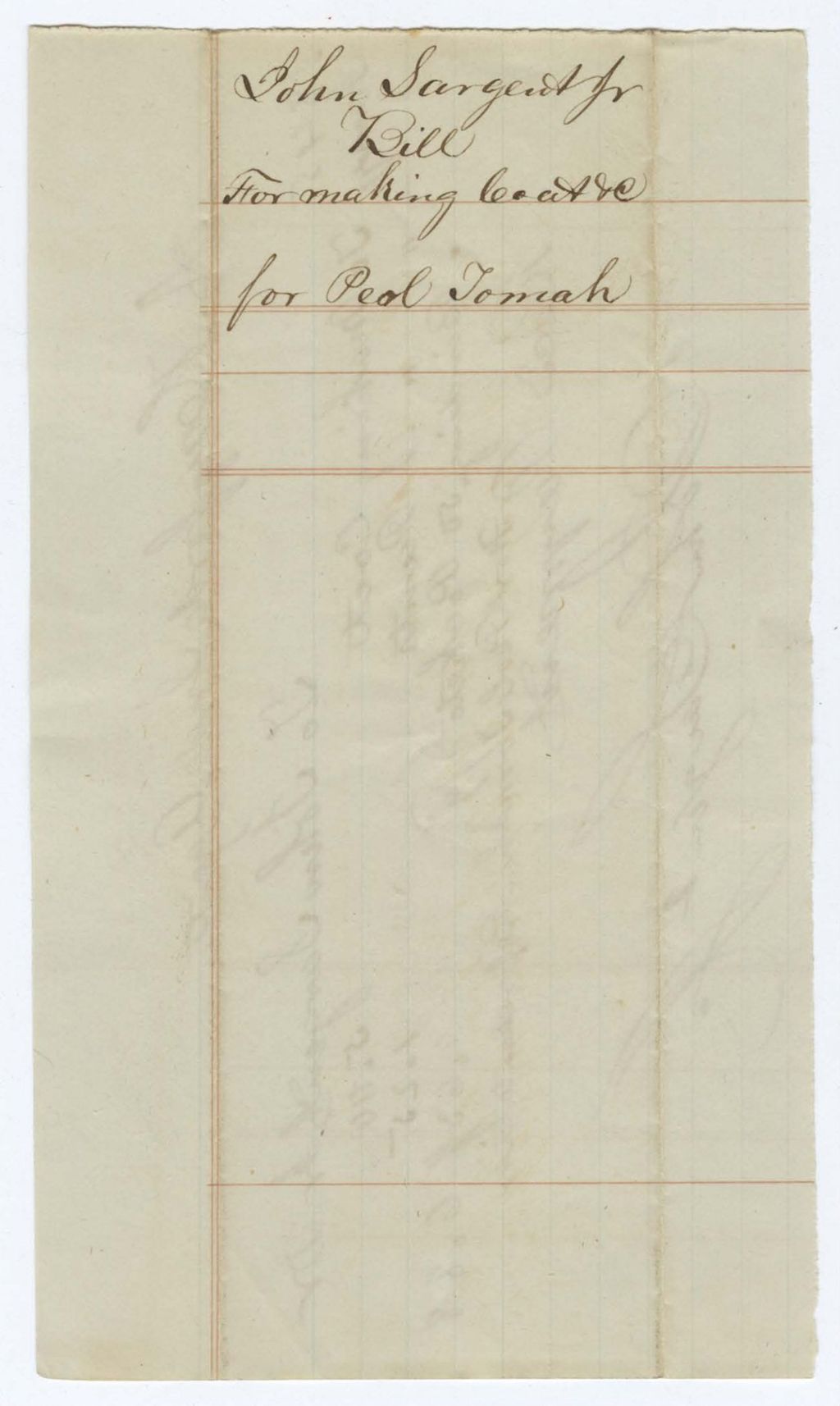 Miniature of Indian Fund (Page 1): John Sargent Jr, Bill of Clothing made for Peol Tomah