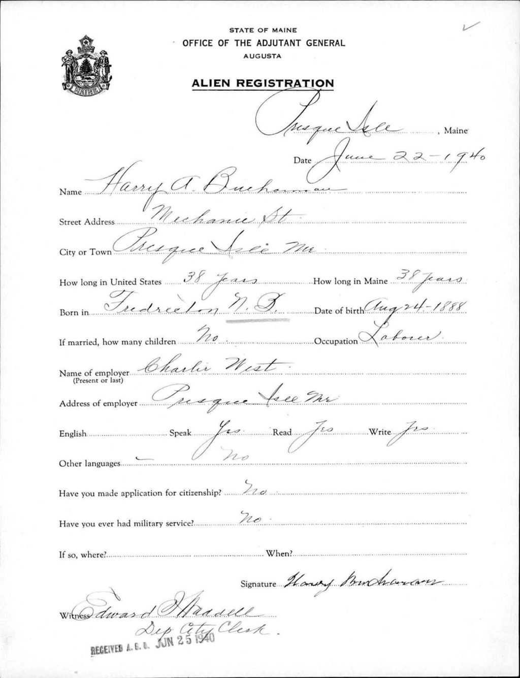 Miniature of Alien Registration- Buchannan, Harry A. (Presque Isle, Aroostook County)