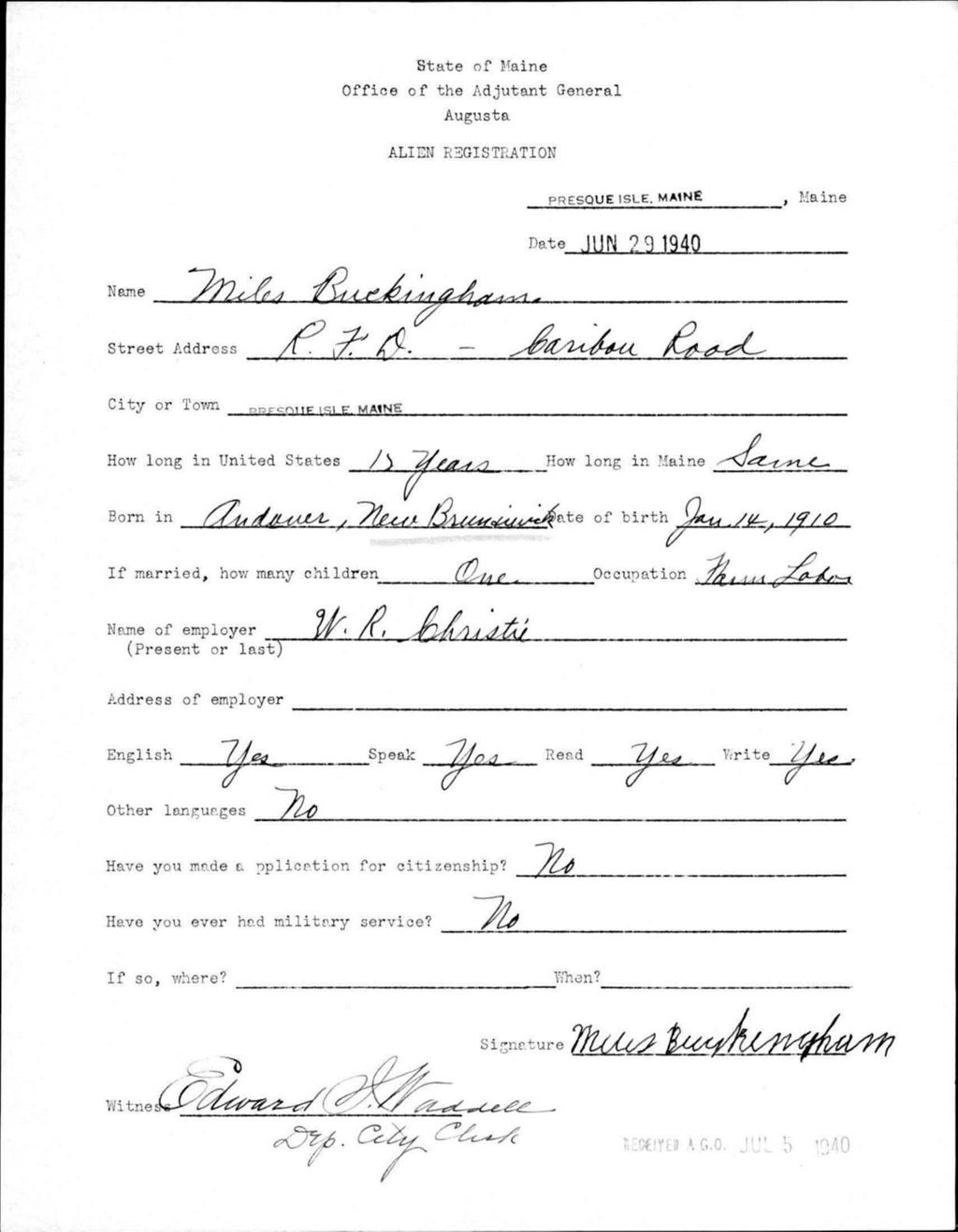 Miniature of Alien Registration- Buckingham, Miles (Presque Isle, Aroostook County)