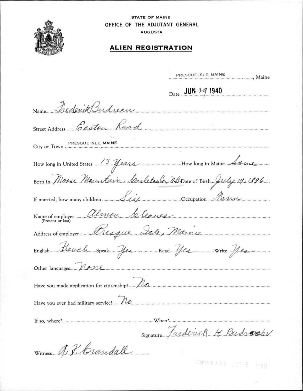 Miniature of Alien Registration- Budreau, Frederick (Presque Isle, Aroostook County)