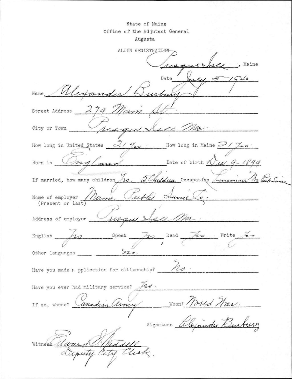 Miniature of Alien Registration- Burbury, Alexander (Presque Isle, Aroostook County)