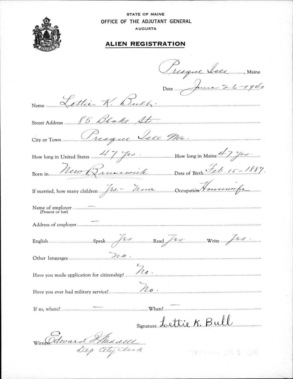 Miniature of Alien Registration- Bull, Lettie K. (Presque Isle, Aroostook County)