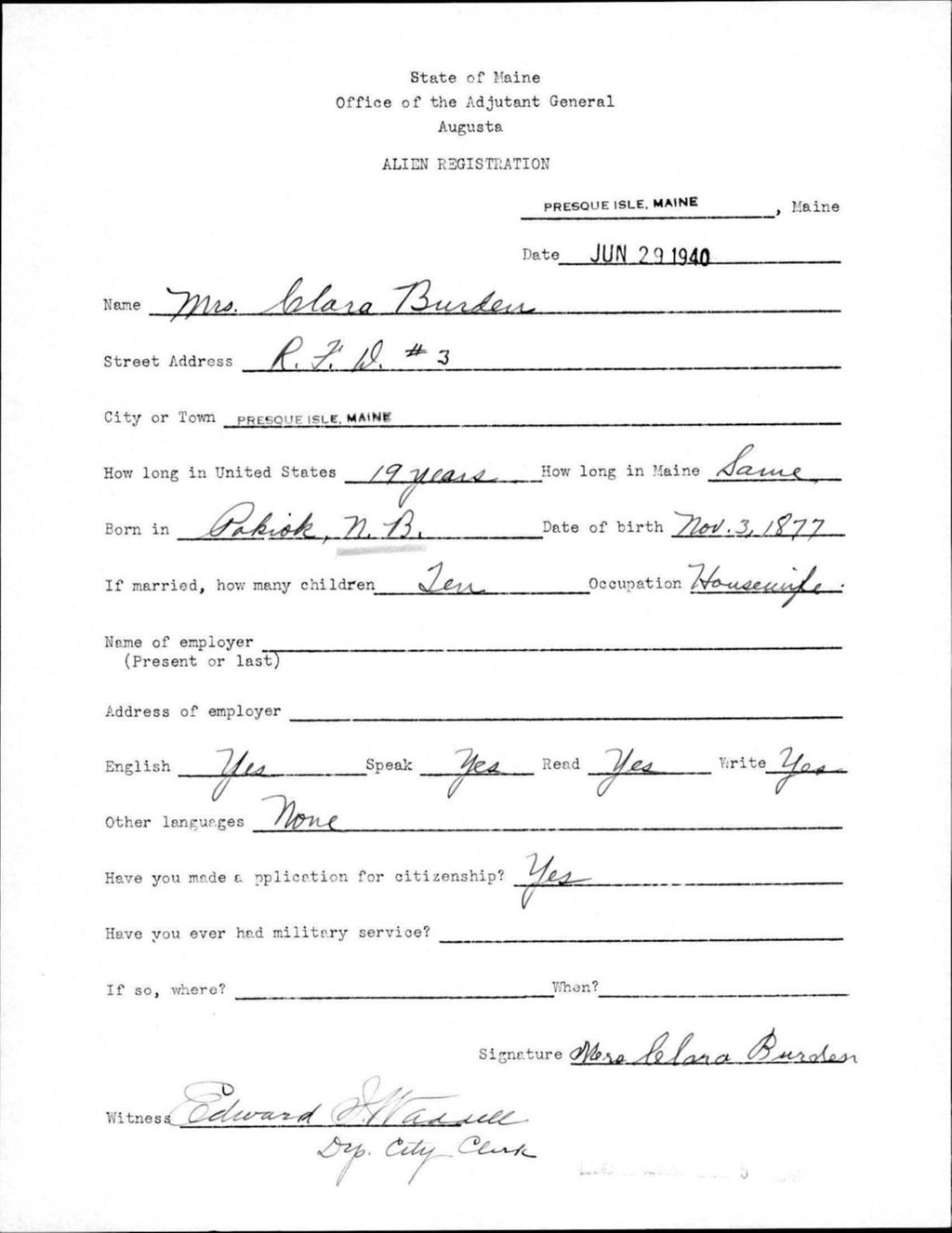 Miniature of Alien Registration- Burden, Clara (Presque Isle, Aroostook County)