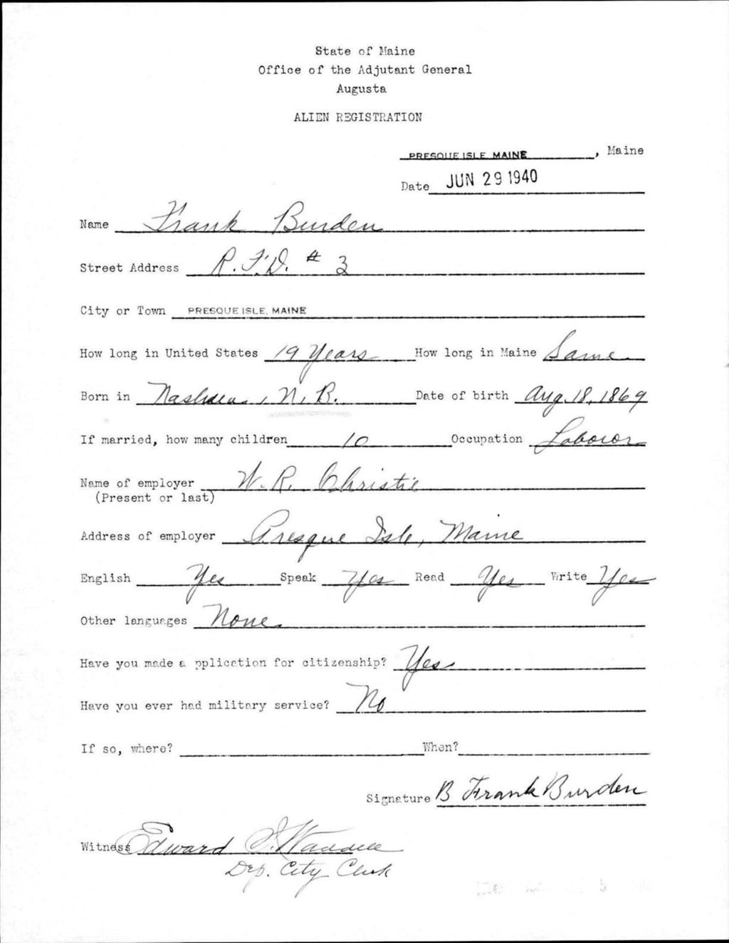 Miniature of Alien Registration- Burden, Frank (Presque Isle, Aroostook County)