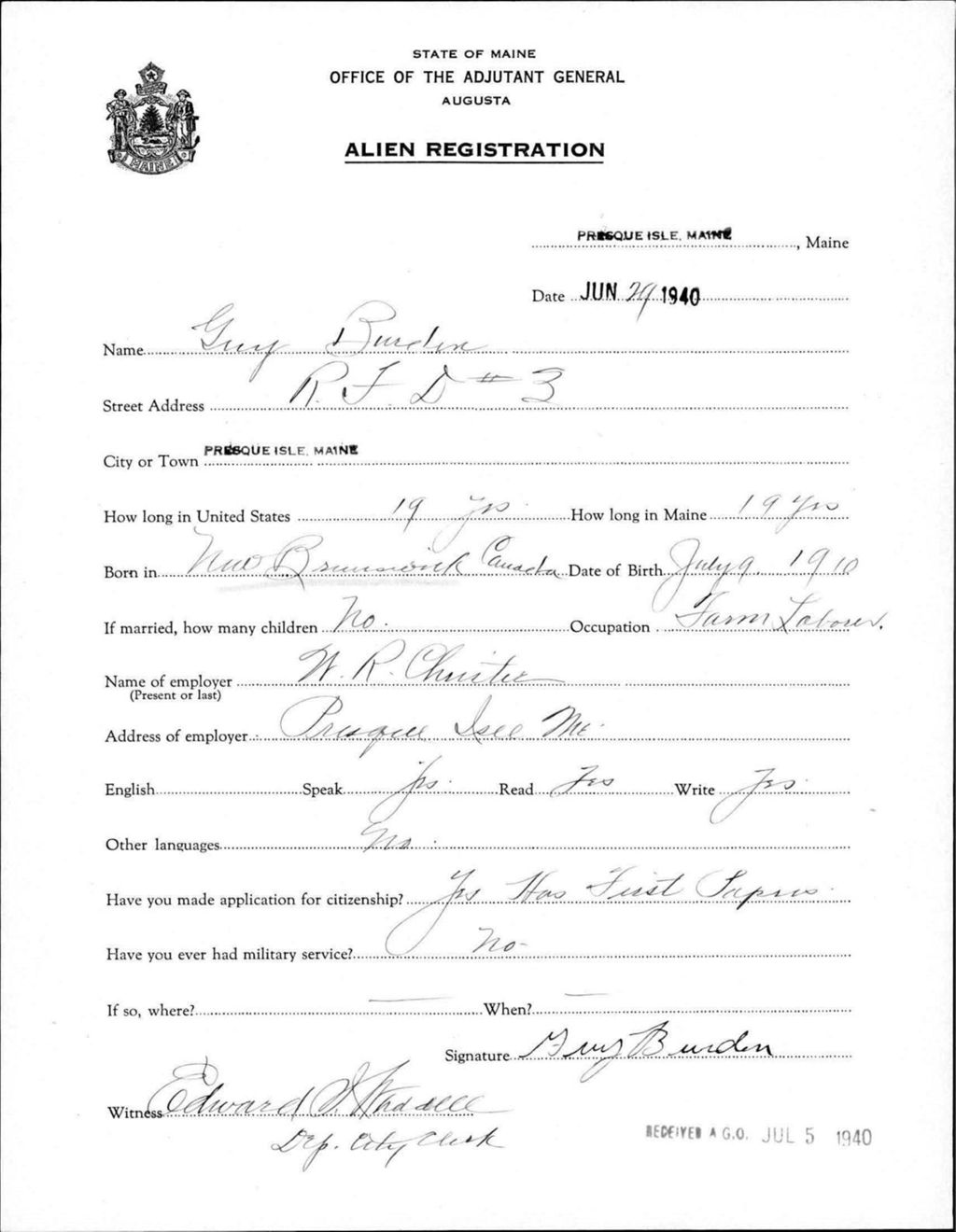 Miniature of Alien Registration- Burden, Guy (Presque Isle, Aroostook County)