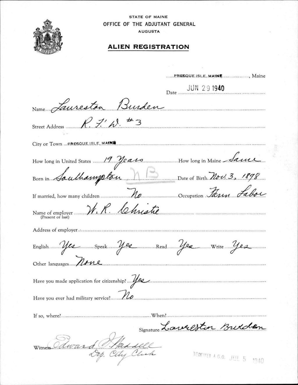 Miniature of Alien Registration- Burden, Laureston (Presque Isle, Aroostook County)
